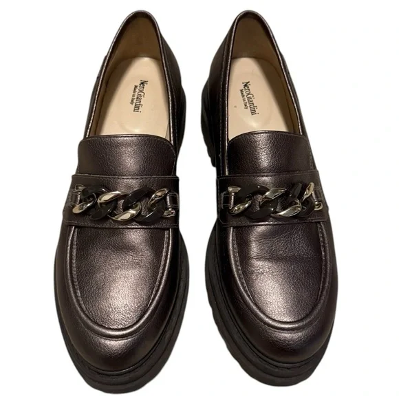 Nero Giardini Metallic Leather Chain Lug-Sole Loafers Size 39 - Picture 6 of 9